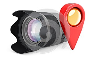 Camera lens with map pointer. 3D rendering