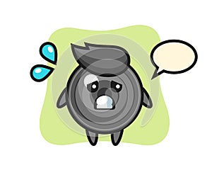 Camera lens mascot character with afraid gesture