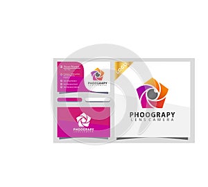 Camera lens phentagon photograpy colorful logo design vector illustration, business card photo