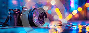 Camera lens reflecting bokeh lights in a vibrant setting