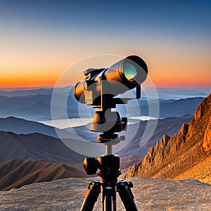 a camera lens on a tripod on a mountain top at sunset with a view of the mountains in the distance behind with a bright