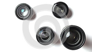 Camera lenses. photographer`s equipment. White background