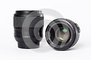 Camera lenses on white background