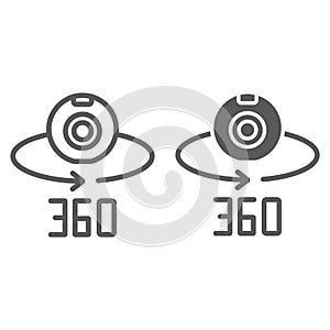 Camera 360 line and glyph icon, device and rotation, panoramic camera sign, vector graphics, a linear pattern on a white