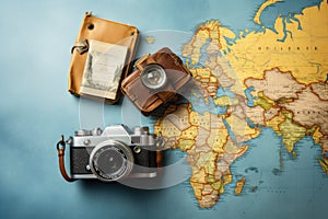 Camera and Map on Table, Travel Essentials for Adventurers, Top view travel concept with retro camera films, map, and passport on