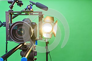 camera,microphone, lights and a green screen