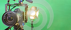 camera,microphone, lights and a green screen