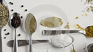 Camera moves along of spoons with various aromatic herbs and spices on white background