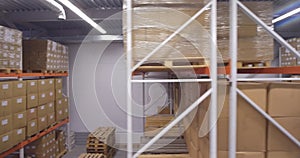 Camera moves down between warehouse racks