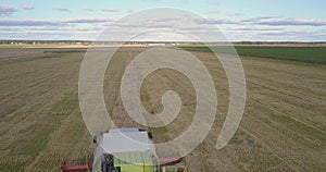 Camera moves and follows thresher harvesting wheat in field