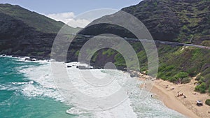 Camera moves in rainforest through trees. Wild beach on tropical island Oahu. Early morning at Hawaiian Island