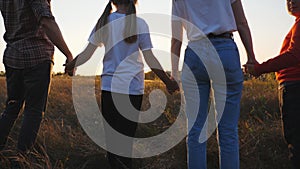 Camera moves to happy family standing on meadow and holding hands of each other at sunset. Young parents with two little