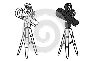 Camera for movies recording standing on tripod in black isolated on white background. Hand drawn vector sketch