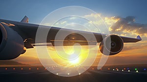 Camera moving close to airplane wing showing its engines rotating