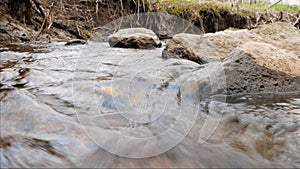 Camera is moving over clean fresh water of a forest stream running over mossy rocks.