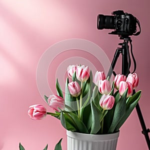 A camera is next to a pink tulips