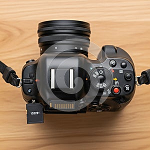 Of the camera is open to accommodate an inserted SD card, which is