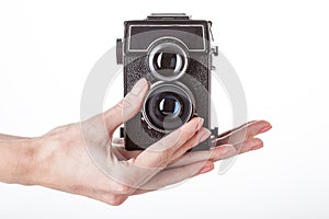 Camera operating on white isolated background