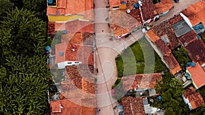 Camera panning up the main street of Caete Acu in Chapada Diamantina area Brazil. Aerial Video