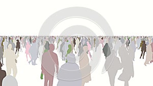 Camera panning or walking around in the crowd of colorful people in the round path with white isolated background