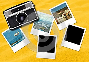 Camera and photo frames cards yellow background photo