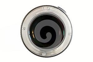 Camera photo lens close-up on white background with lense reflec