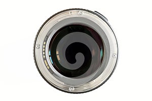 Camera photo lens close-up on white background with lense reflec