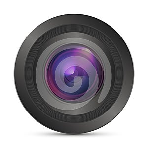 Camera photo lens. Realistic colorful camera lens isolated on white background with shadow. 3d icon front view with flare symbol.