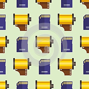 Camera photo memory card seamless pattern objective retro photography equipment professional look vector illustration