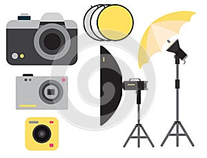 Camera photo vector studio icons optic lenses types objective retro photography equipment professional photographer look