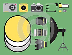 Camera photo vector studio icons optic lenses types objective retro photography equipment professional photographer look