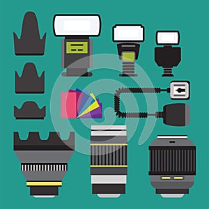 Camera photo vector studio icons optic lenses types objective retro photography equipment professional photographer look