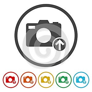 Camera, photo upload icon. Set icons in color circle buttons