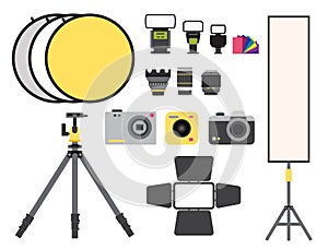 Camera photo vector studio icons optic lenses types objective retro photography equipment professional photographer look