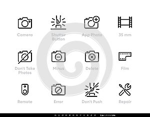 Camera and Photo Vintage Icon. Shutter, Film, Remote set. Editable line stroke on white, isolated vector illustration