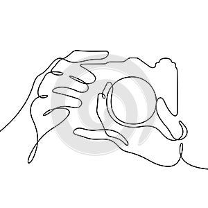 Camera in photographer`s hands continuous line vector illustration