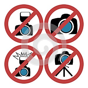 Camera prohibiting signs set illustration set