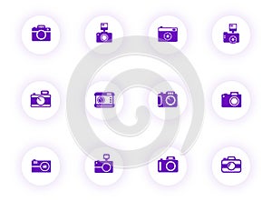 camera purple color vector icons on light round buttons