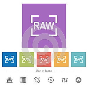 Camera raw image mode flat white icons in square backgrounds