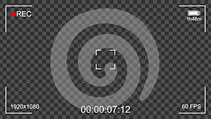 Camera rec interface viewfinder with transparent background, digital focus and exposure settings. Screen photography