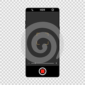 Camera screen interface on realistic smartphone. Mobile video and photo application design, camera viewfinders on black