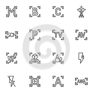 Camera setup buttons line icons set