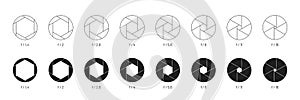 Camera shutter icons collection. Set of camera lens aperture pictograms. Camera shutter symbols