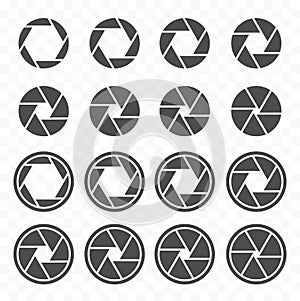 Camera shutter icons set, aperture value icons