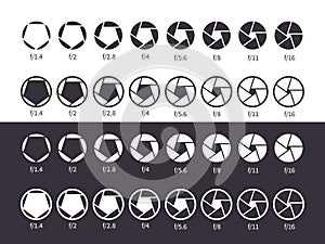 Camera shutter lens. Aperture diaphragm different positions. Black and white silhouette icons. Rows with value numbers