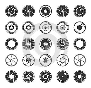 Camera Shutter and Lenses Icons Isolated on White
