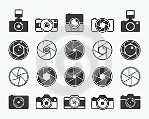 Camera shutter, lenses and photo camera icons