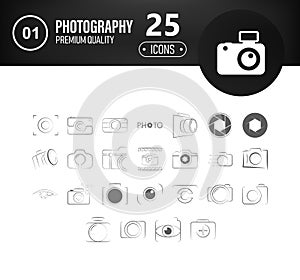 Camera shutter, lenses and photo camera icons set