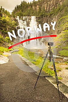 Camera and Skjervsfossen Waterfall, Norway