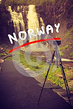 Camera and Skjervsfossen Waterfall, Norway